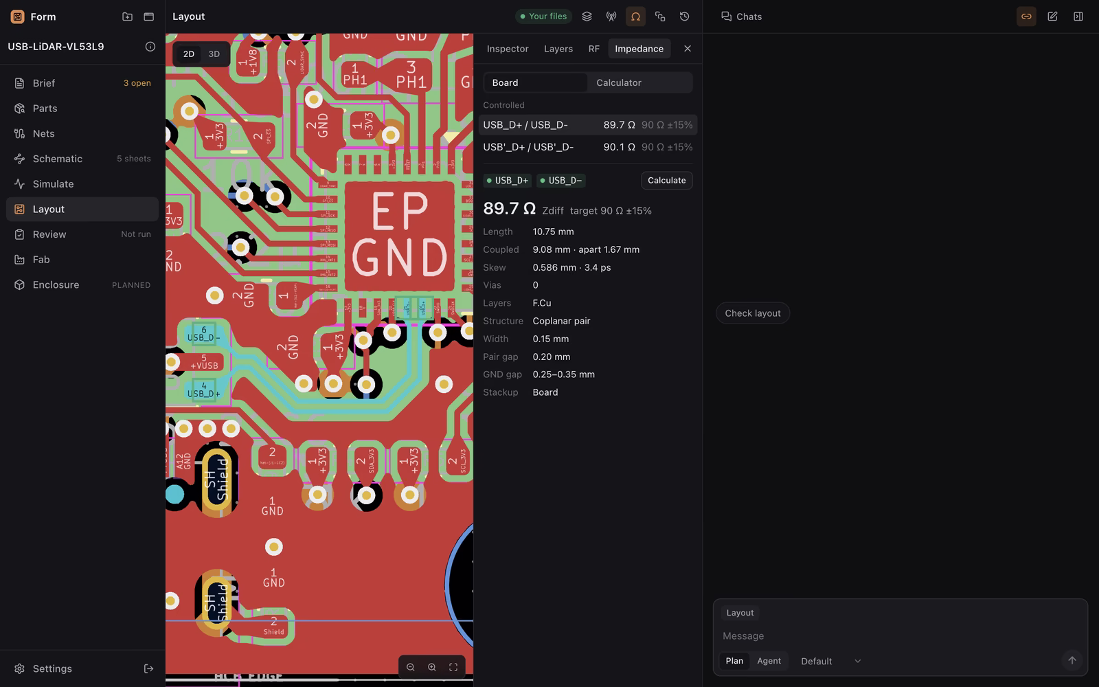 The USB pair measured at 89.7 ohms against 90 ohms, lit on the board